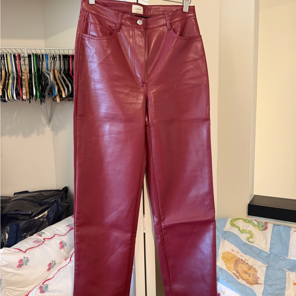 Aritzia Cherry Red Leather Straight Leg Pants